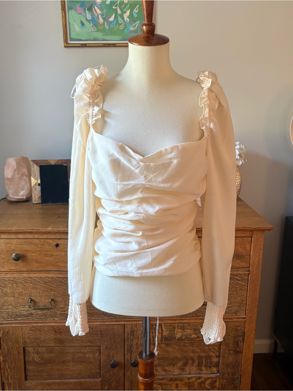 Astr The Label Women's Cream Ruffled Long-Sleeve Peasant Top Xl